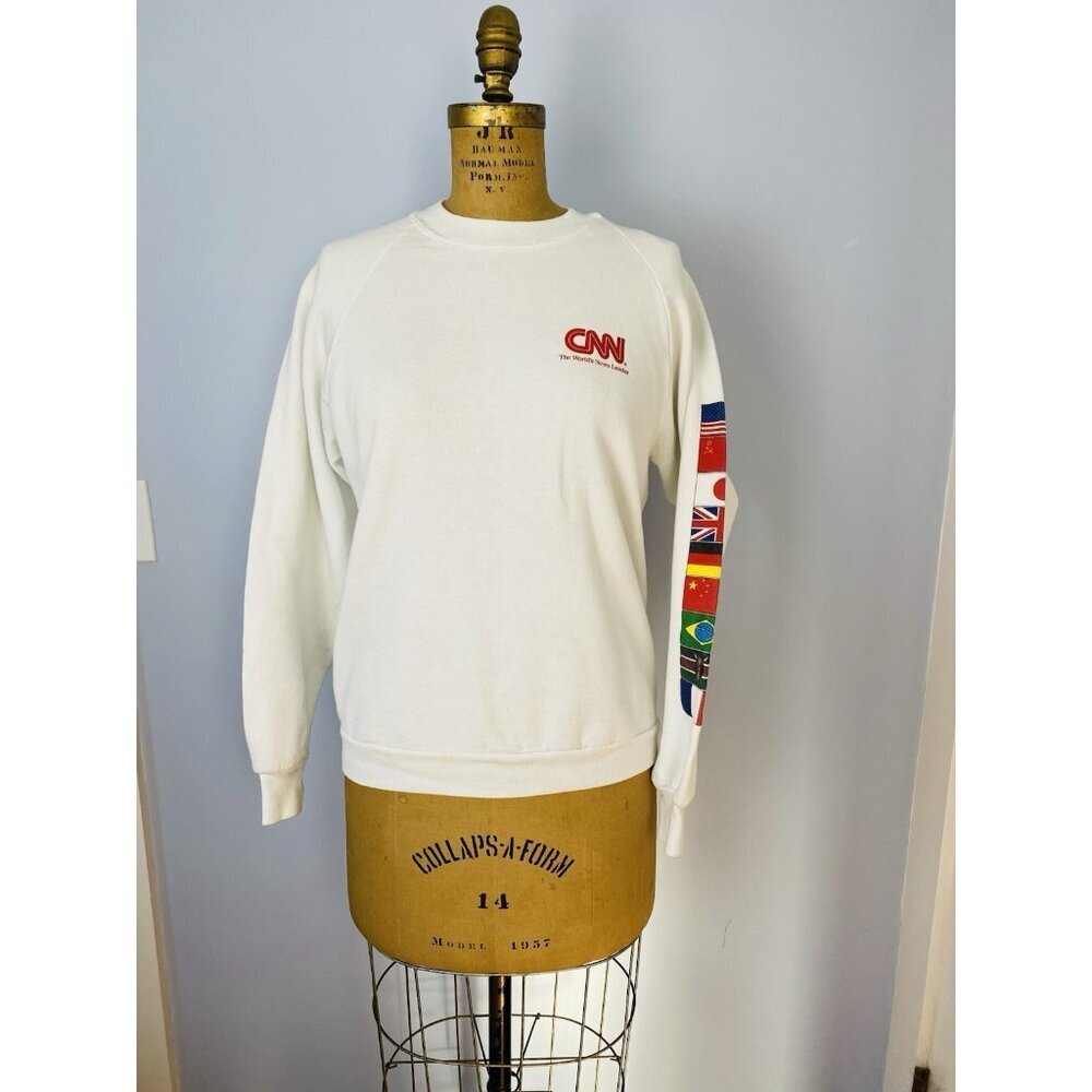 Vintage CNN Crewneck Sweatshirt Flag Sleeve Mens Large Cable News Cotton 90s USA - Picture 5 of 12